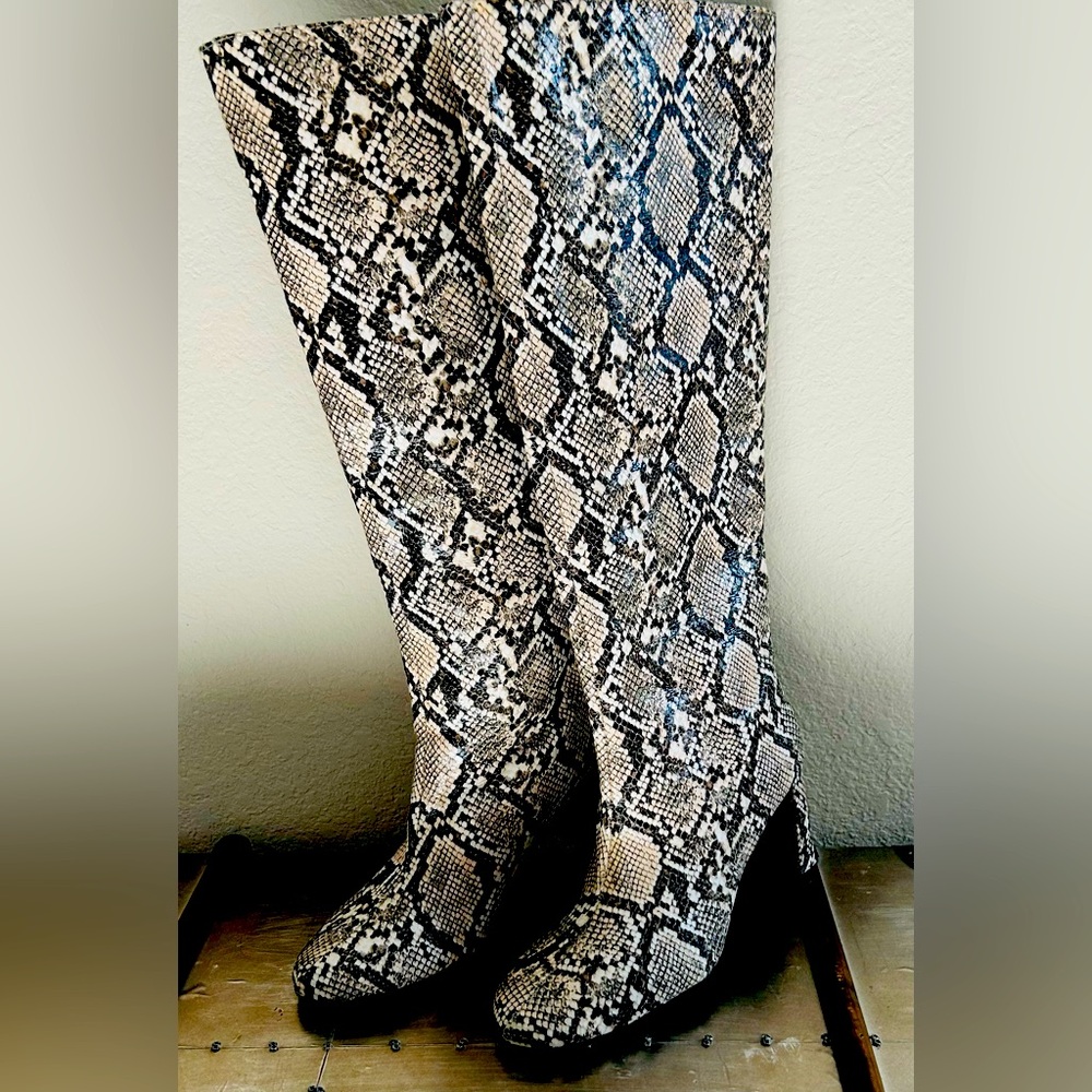 Zara Snakeskin Heeled Boots - Black and Cream